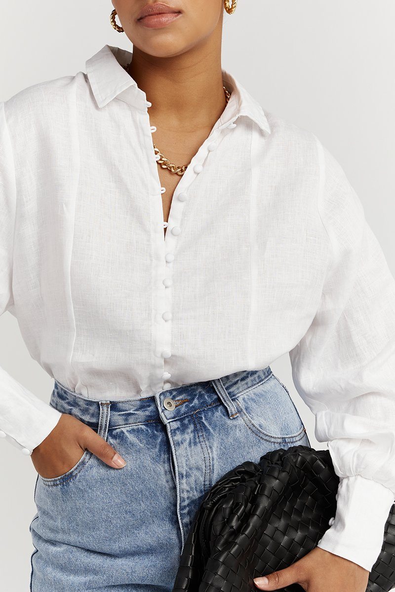 CLOE WHITE LINEN SLEEVE SHIRT