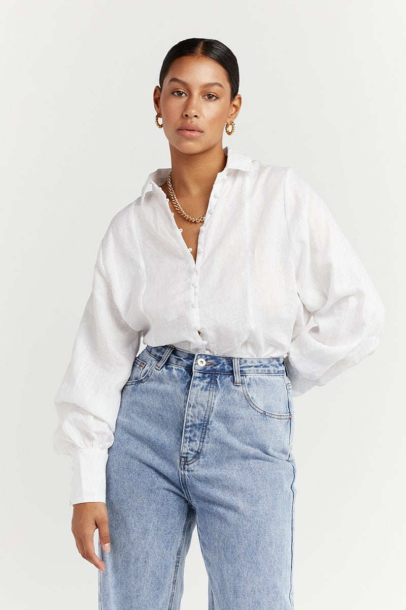 CLOE WHITE LINEN SLEEVE SHIRT