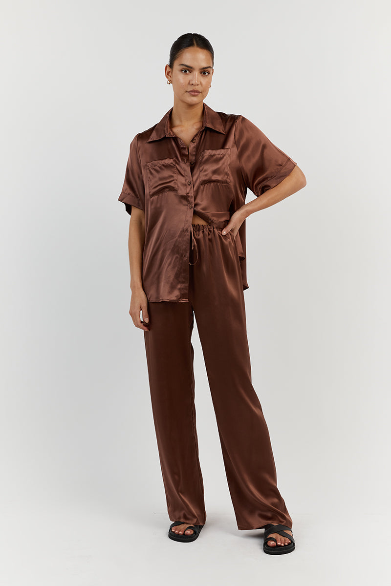 EVANS SHINY CHOC SILK VACAY SHIRT Clothing DISSH Boutiques 6 CHOCOLATE