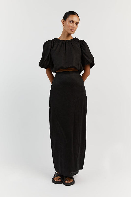 NAT BLACK GATHERED LINEN CROP TOP