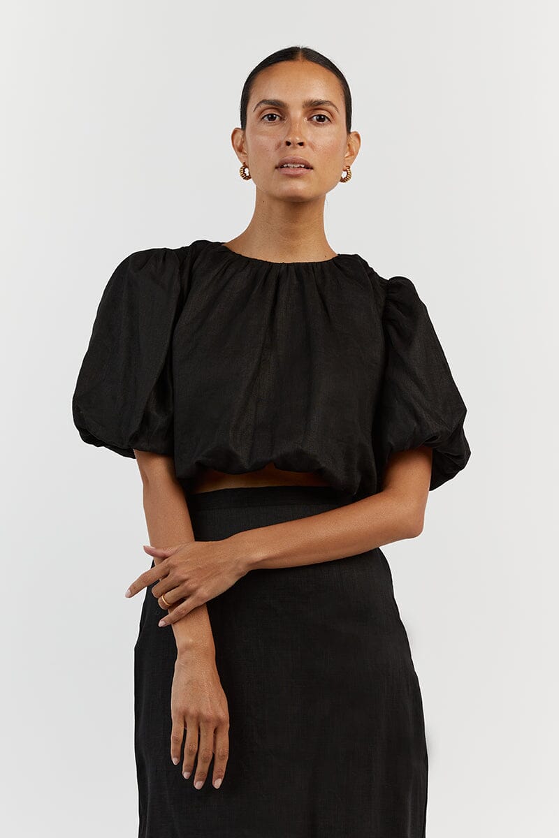 NAT BLACK GATHERED LINEN CROP TOP