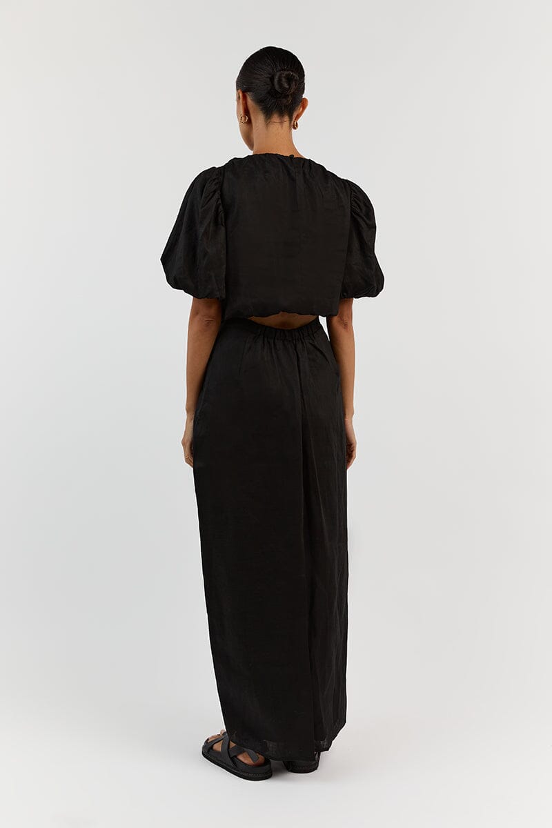 NAT BLACK GATHERED LINEN CROP TOP