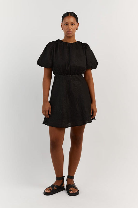 NAT BLACK GATHERED LINEN MINI DRESS