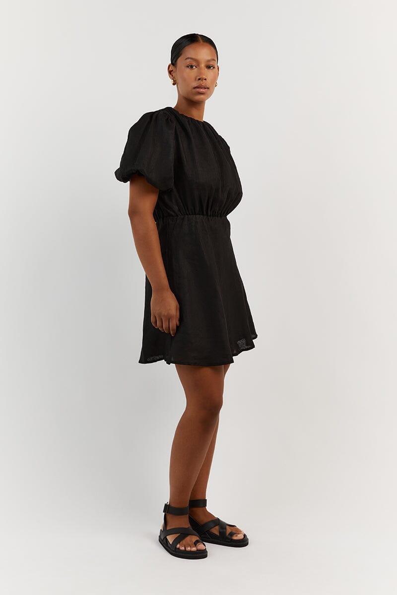 NAT BLACK GATHERED LINEN MINI DRESS