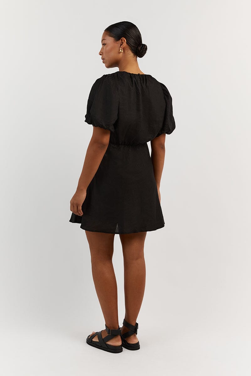 NAT BLACK GATHERED LINEN MINI DRESS