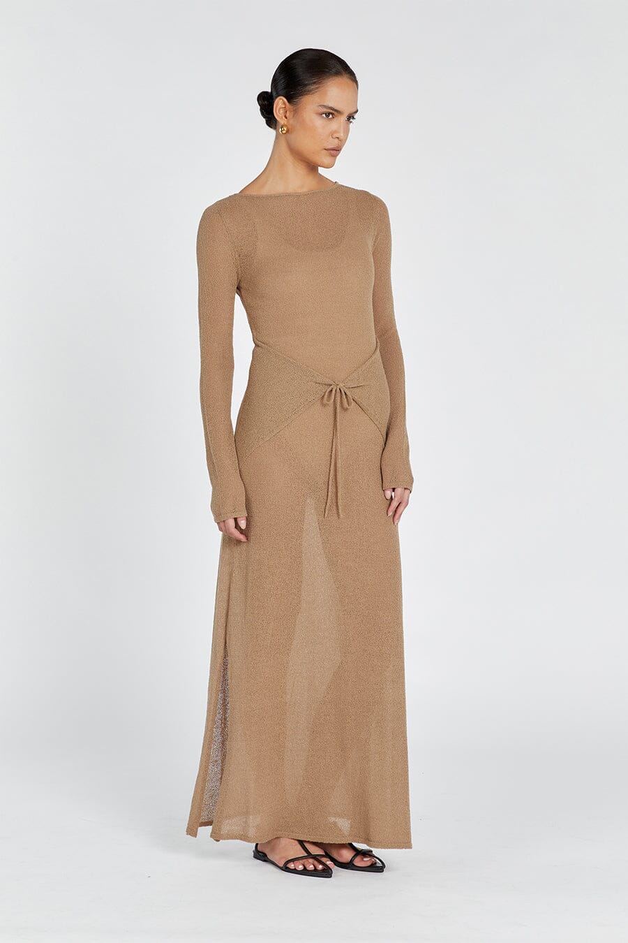 BREE KHAKI LONG SLEEVE TIE FRONT DRESS