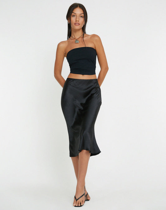 Goya Midi Skirt in Satin Black