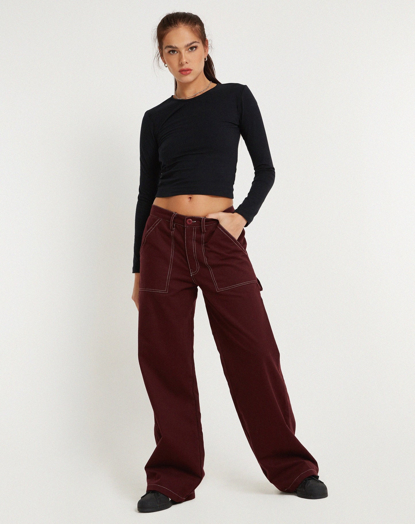 Kusnaedi Wide Leg Trouser in Redwood and White Top Stitch
