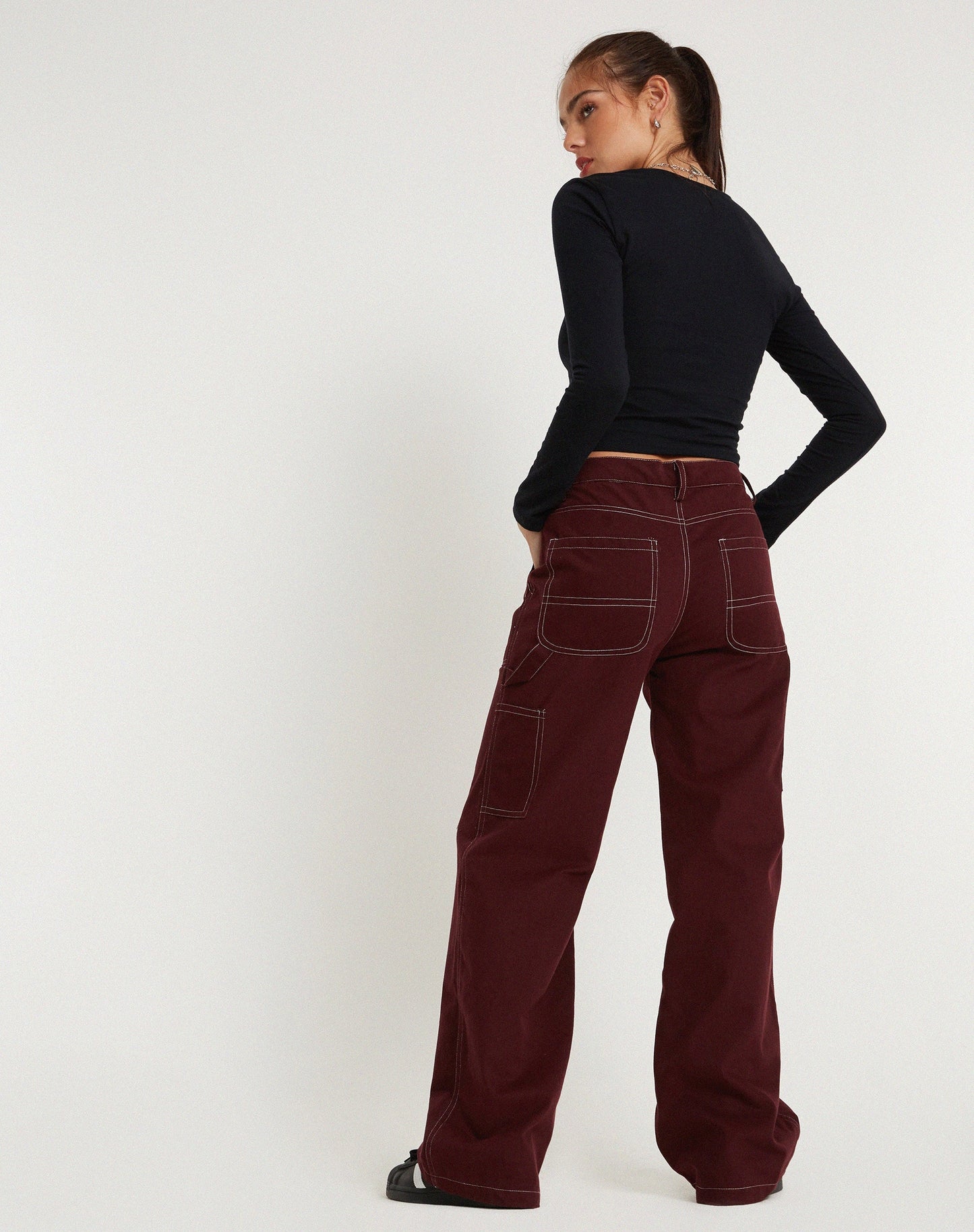 Kusnaedi Wide Leg Trouser in Redwood and White Top Stitch