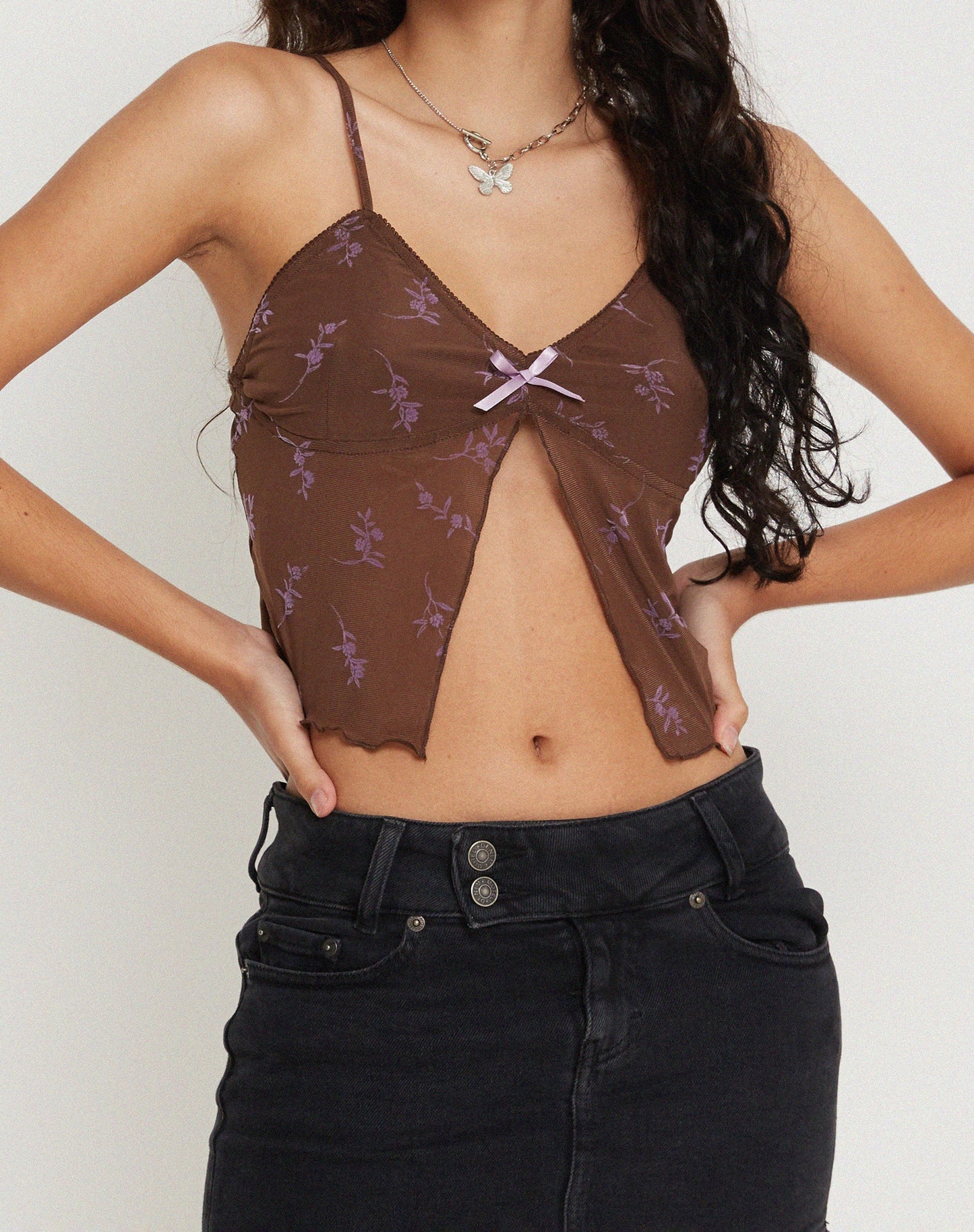 Rama Cami Top in Flower Stem Flock Brown