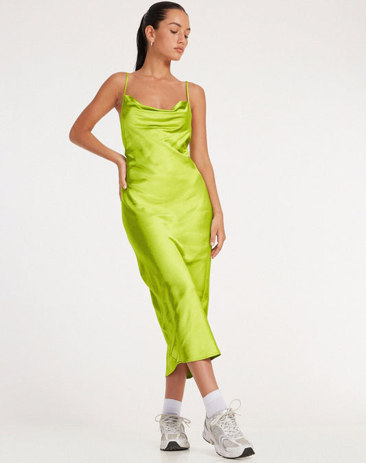 Palasha Midi Dress in Satin Lime Green