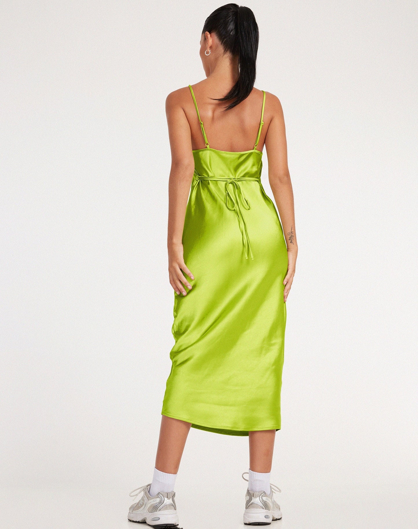 Palasha Midi Dress in Satin Lime Green