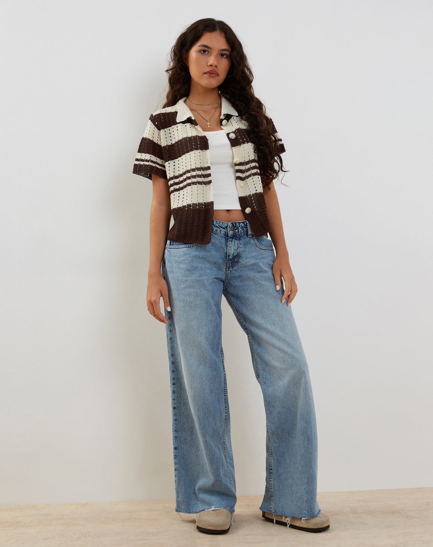 Siwi Pointelle Knitted Polo Top in Stripe Neutral