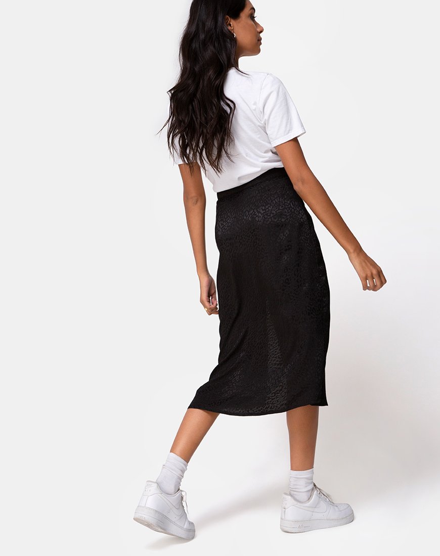 Saika Midi Skirt in Satin Cheetah Black