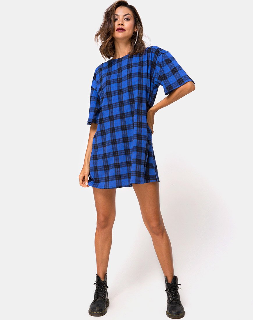 Sunny Kiss T Shirt Dress in Tartan Blue