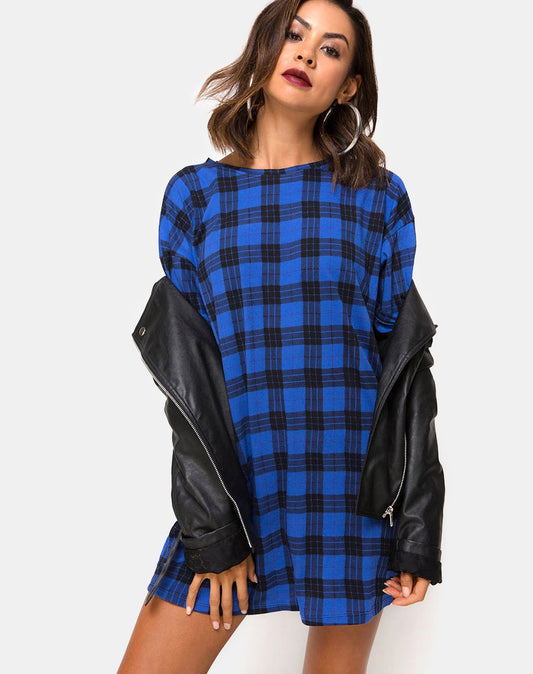 Sunny Kiss T Shirt Dress in Tartan Blue