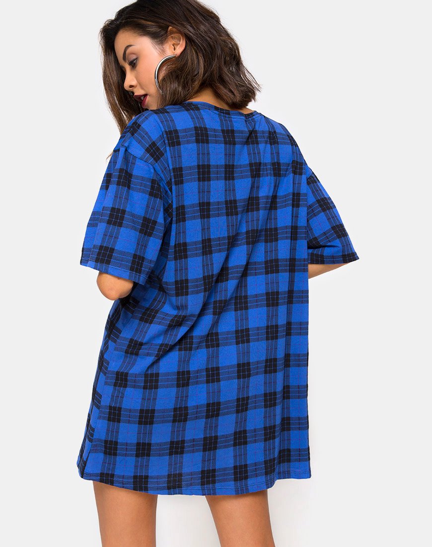 Sunny Kiss T Shirt Dress in Tartan Blue