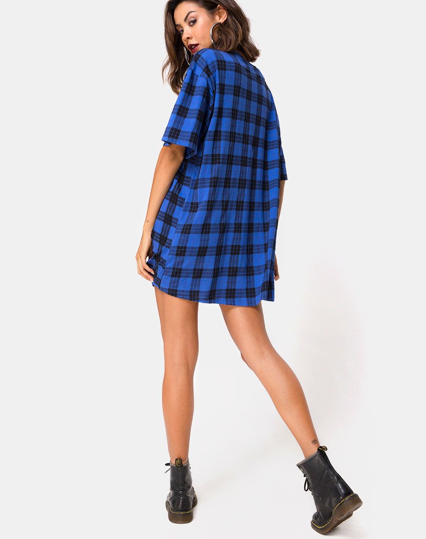 Sunny Kiss T Shirt Dress in Tartan Blue