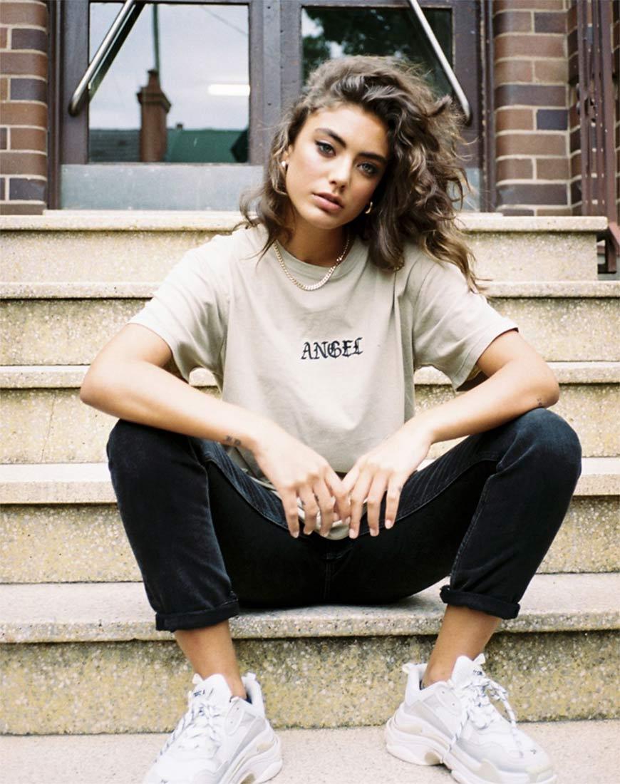 Oversize Basic Tee in Tan with Angel Embroidery