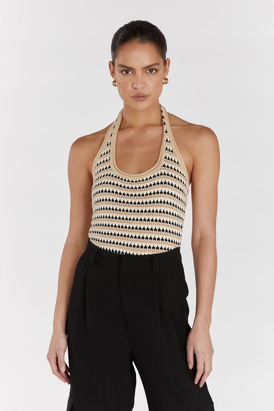 MIMI NATURAL STRIPE CROCHET HALTER TOP