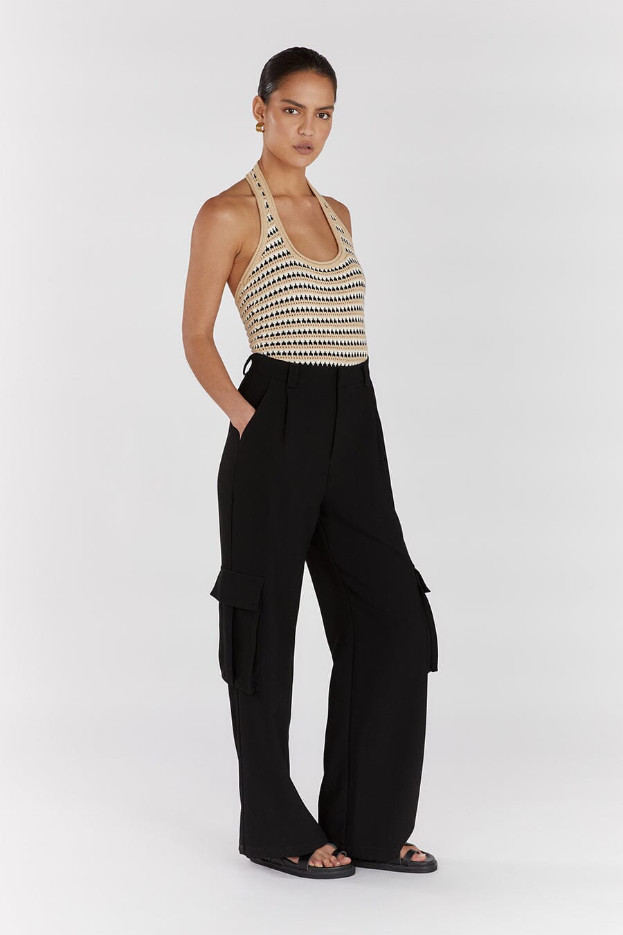 MIMI NATURAL STRIPE CROCHET HALTER TOP