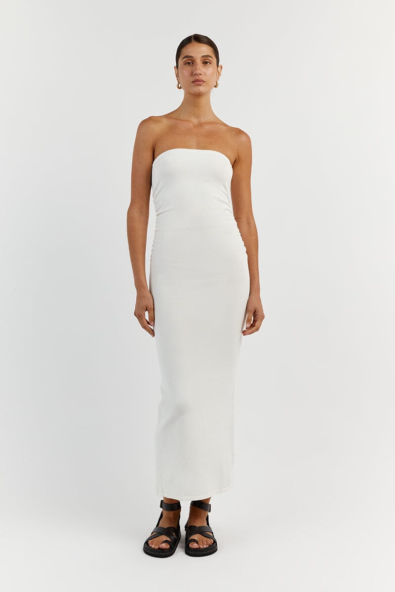 CARRIE OFF WHITE RUCHED MIDI DRESS Clothing DISSH Boutiques XS OFF WHITE