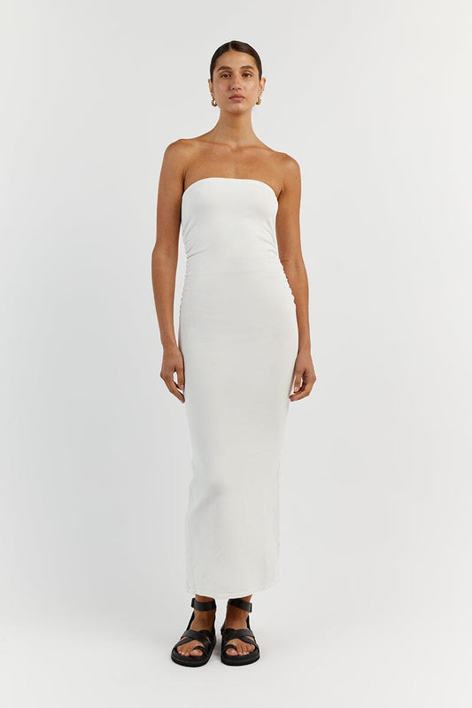 CARRIE OFF WHITE RUCHED MIDI DRESS Clothing DISSH Boutiques XS OFF WHITE