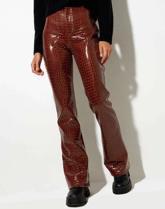 Zoven Flare Trouser in Croc PU Brown